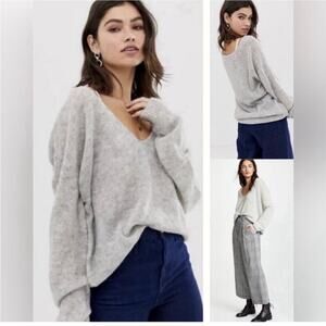 Free People Gossamer V-Neck Alpaca Wool Gray Sweater Oversized Medium